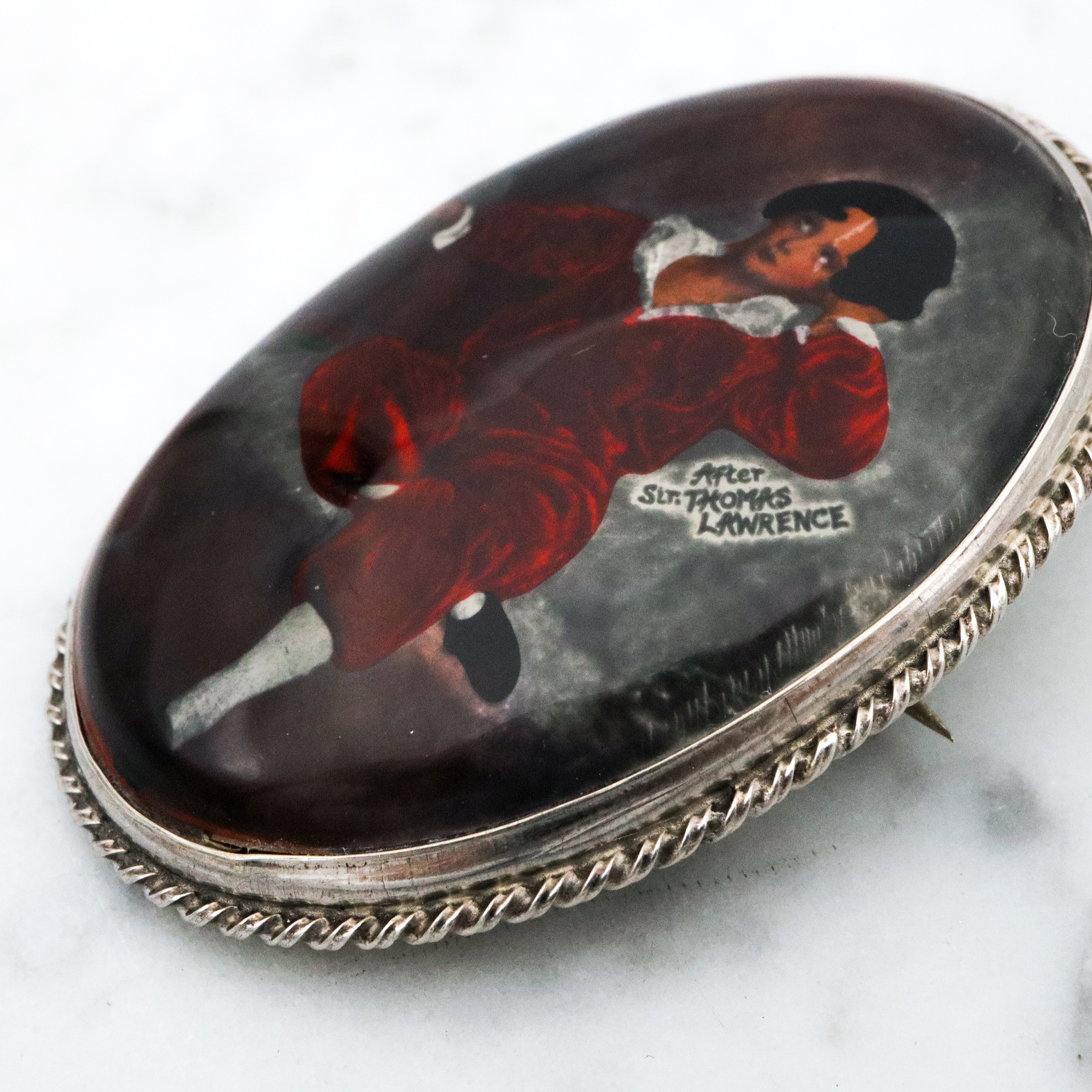 Antique sterling brooch with portrait of "The Red Boy" after Sir Thomas Lawrence